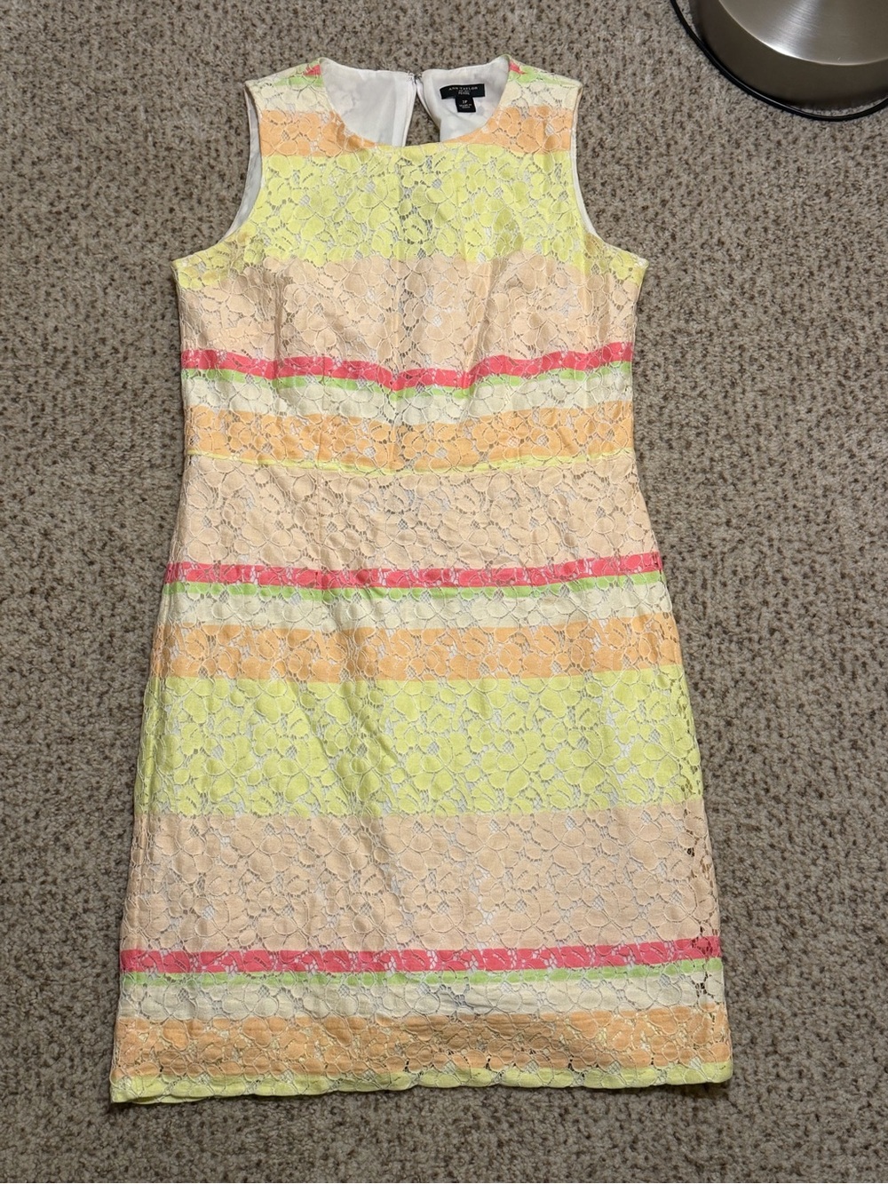 Ann Taylor Sleeveless Lace Stripe Dress in Yellow, Peach & Pink